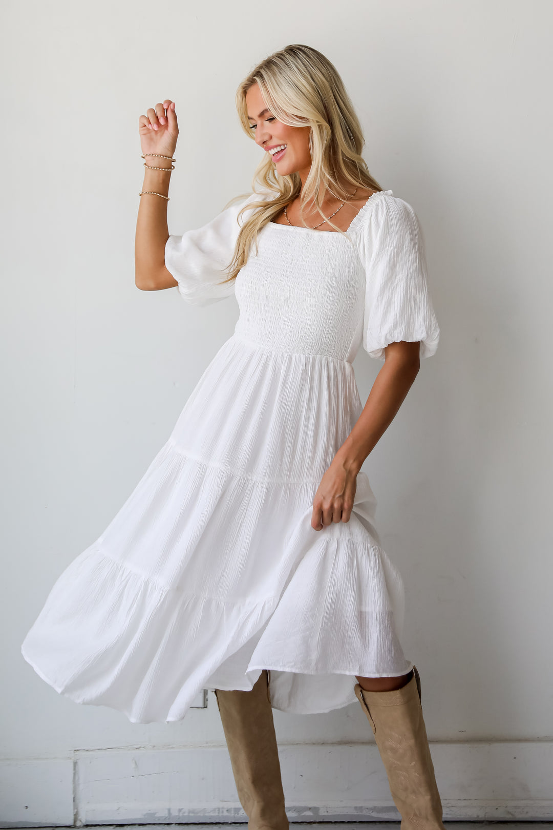 Bubbly Beauty White Tiered Midi Dress