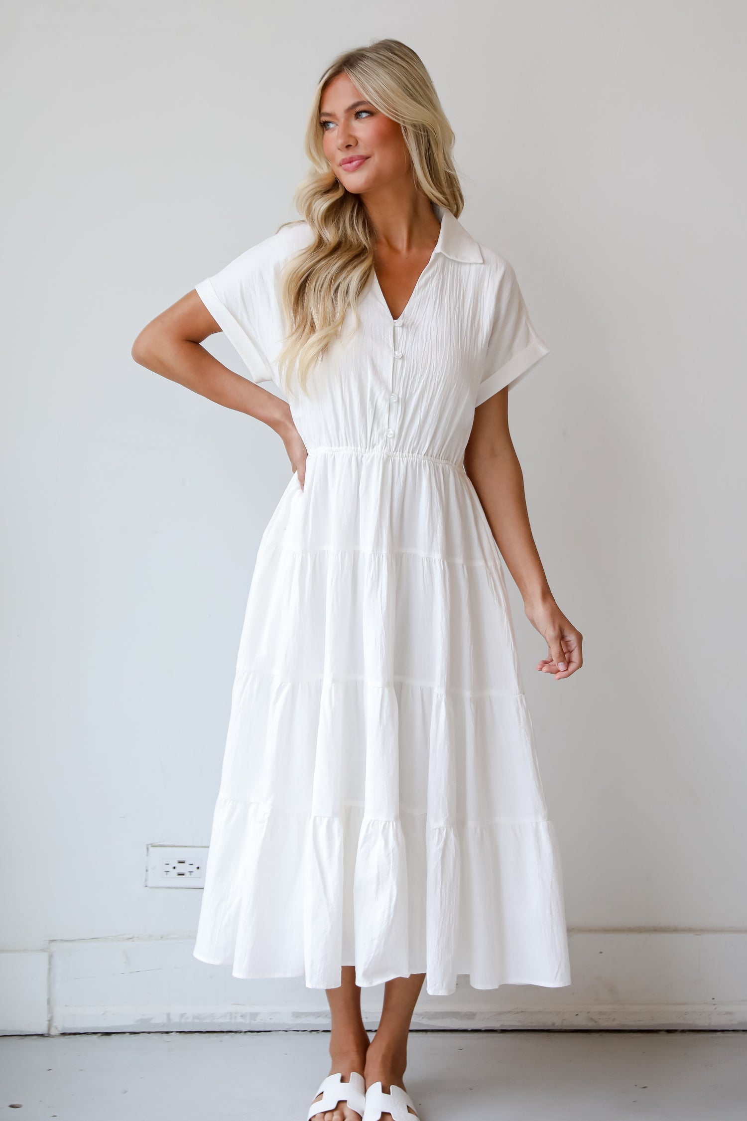 Summer Standard Off White Tiered Midi Dress