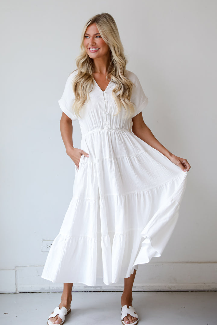 Summer Standard Off White Tiered Midi Dress