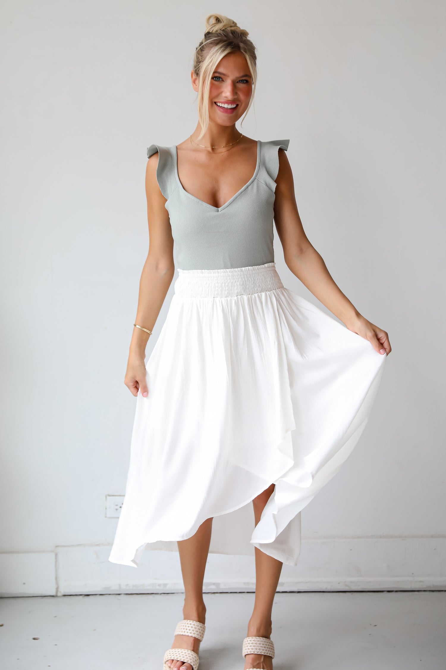 Dreamy Crush White Satin Midi Skirt