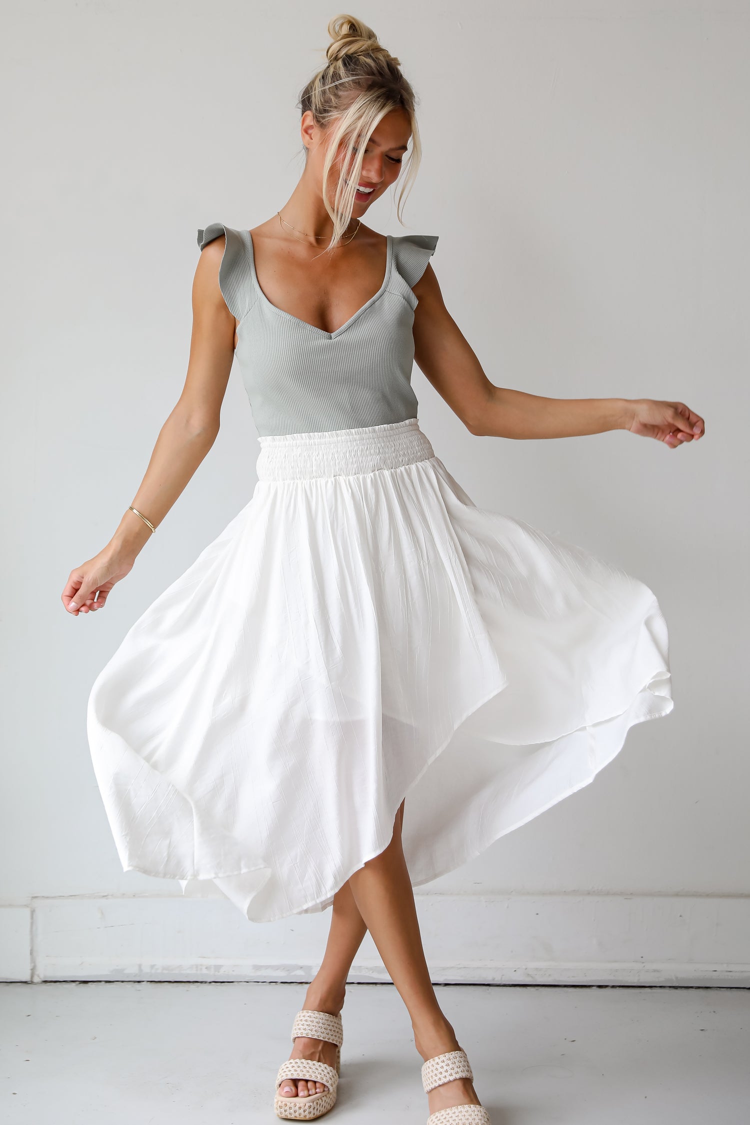 Dreamy Crush White Satin Midi Skirt