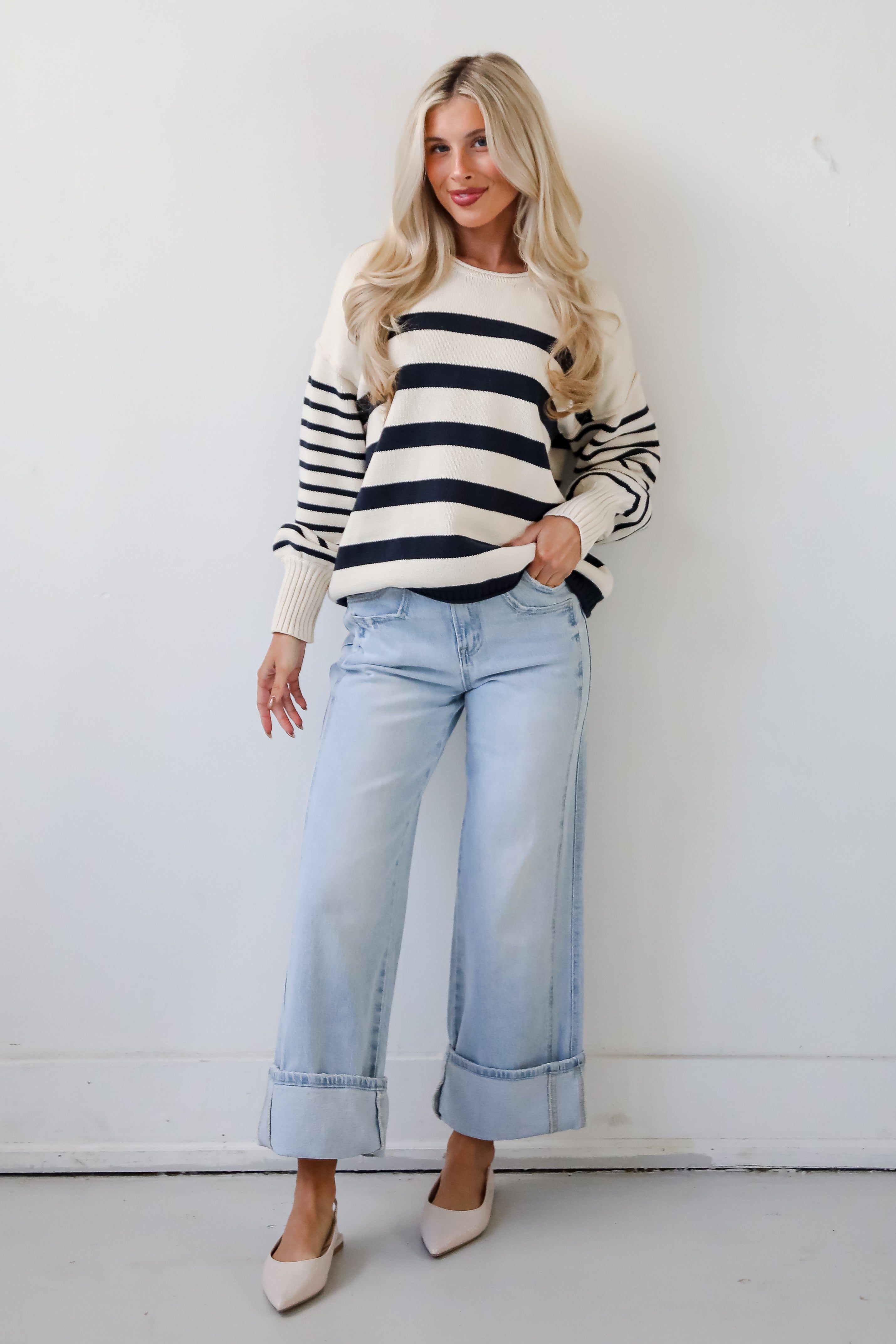 Comfy Darling Off White Striped Sweater