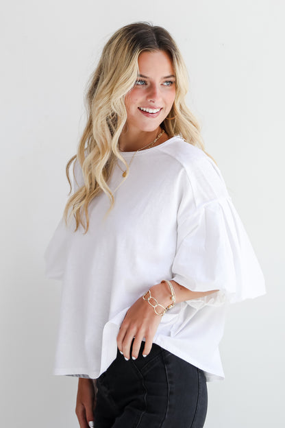 Poised Performance White Contrast Puff Sleeve Top