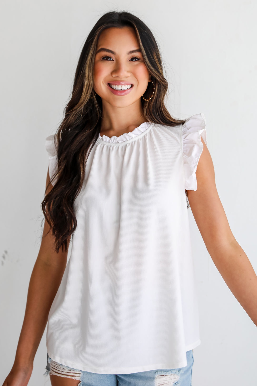 cute White Ruffle Sleeve Blouse