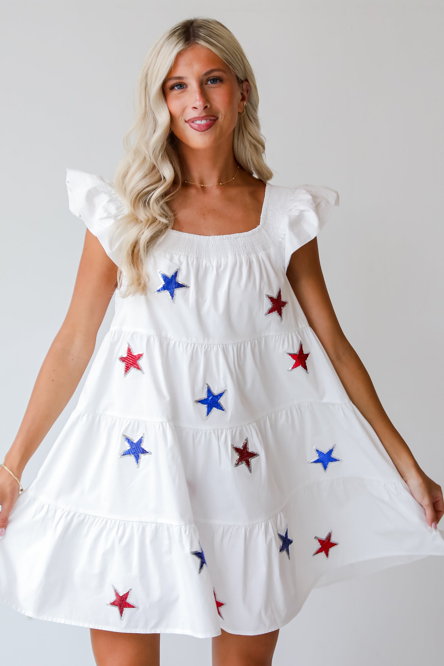 Sensationally Precious White Sequin Star Tiered Mini Dress