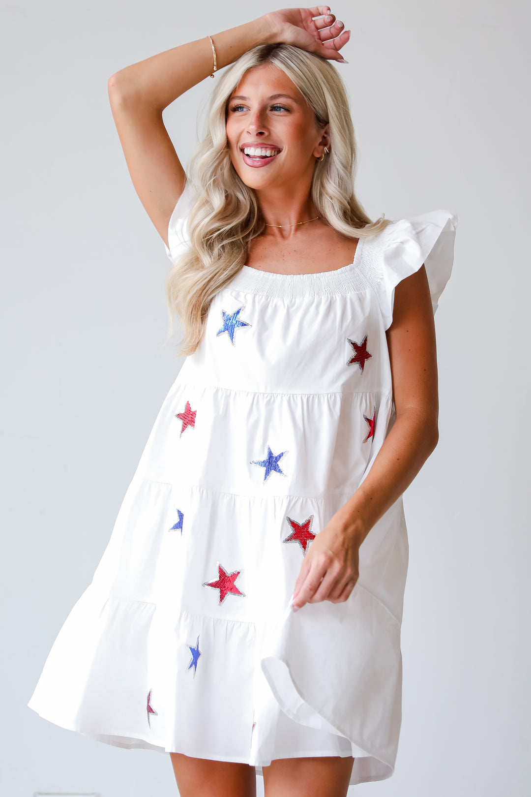 Sensationally Precious White Sequin Star Tiered Mini Dress