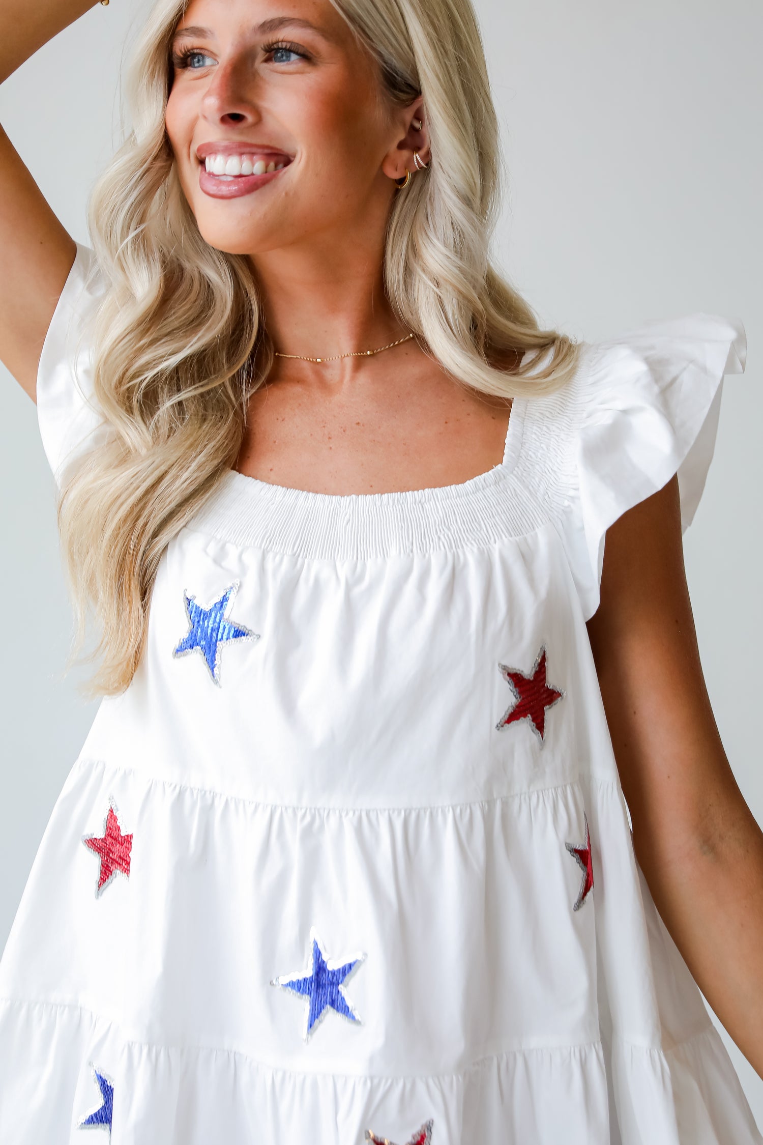 Sensationally Precious White Sequin Star Tiered Mini Dress