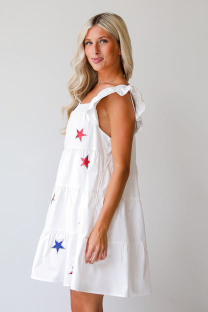 Sensationally Precious White Sequin Star Tiered Mini Dress