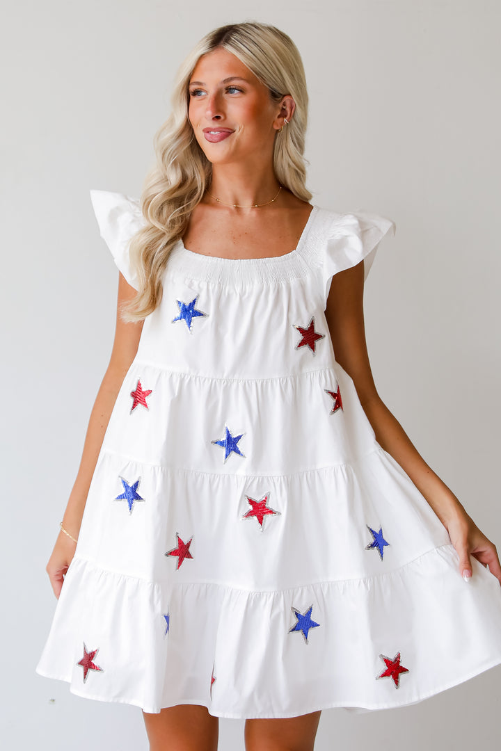 Sensationally Precious White Sequin Star Tiered Mini Dress