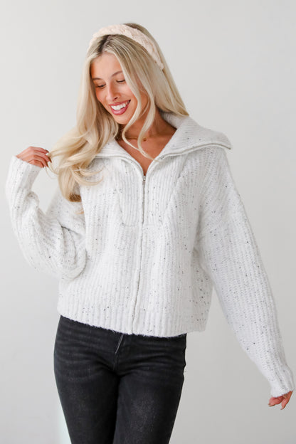 Cozy Agenda White Zip-Up Sweater