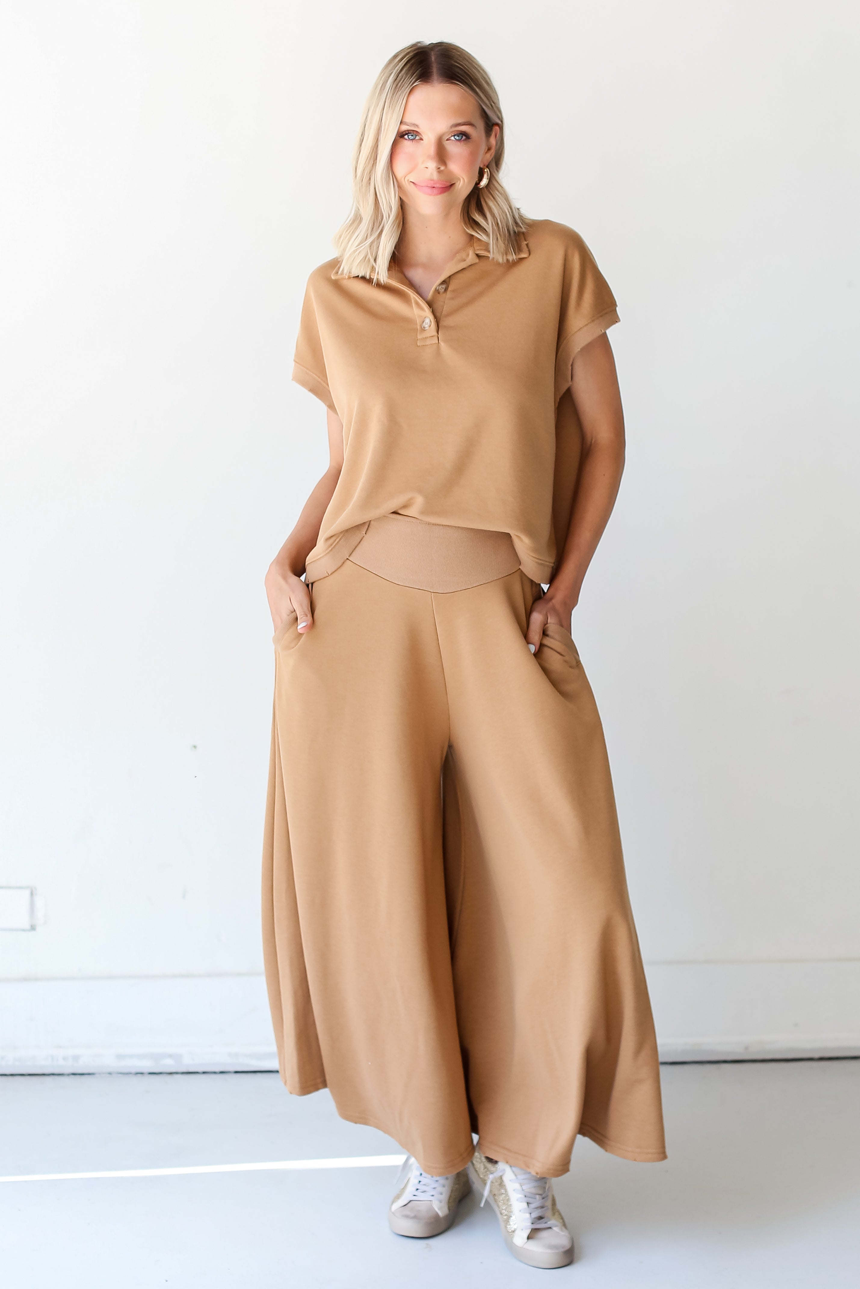 mocha Wide Leg Pants on dress up model