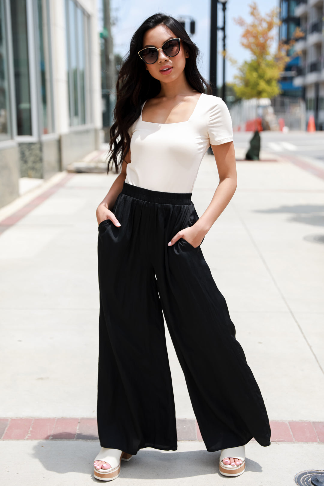 black Satin Wide Leg Pants