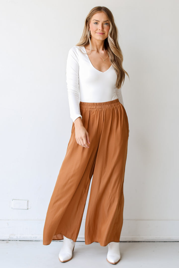 camel Satin Wide Leg Pants on model