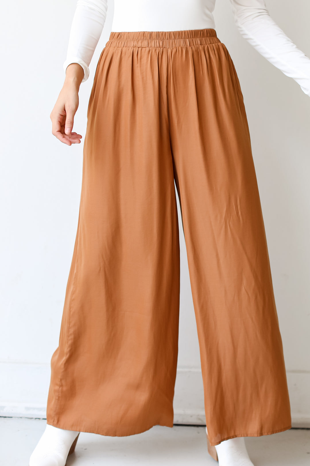 camel Satin Wide Leg Pants close up