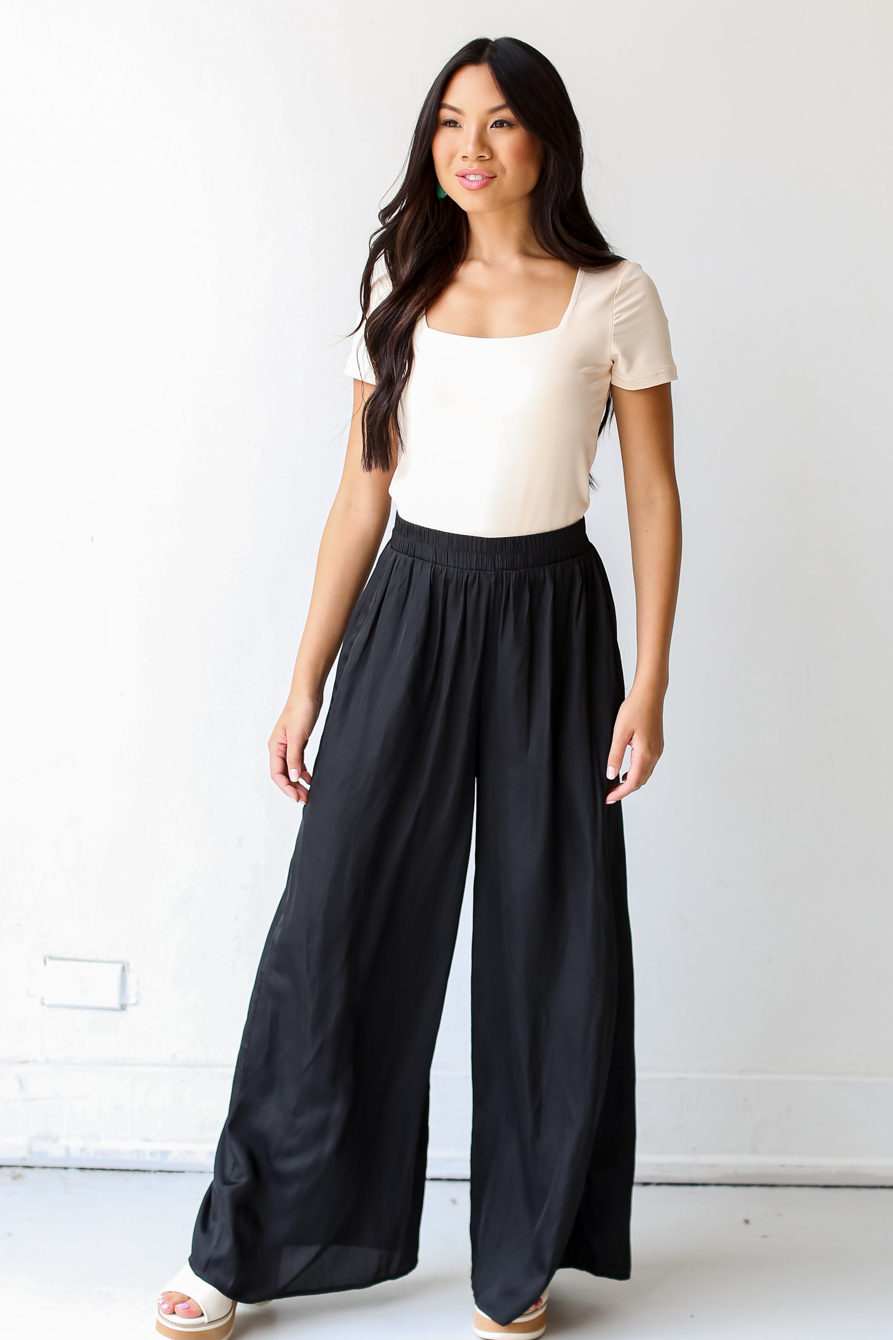 black Satin Wide Leg Pants on model