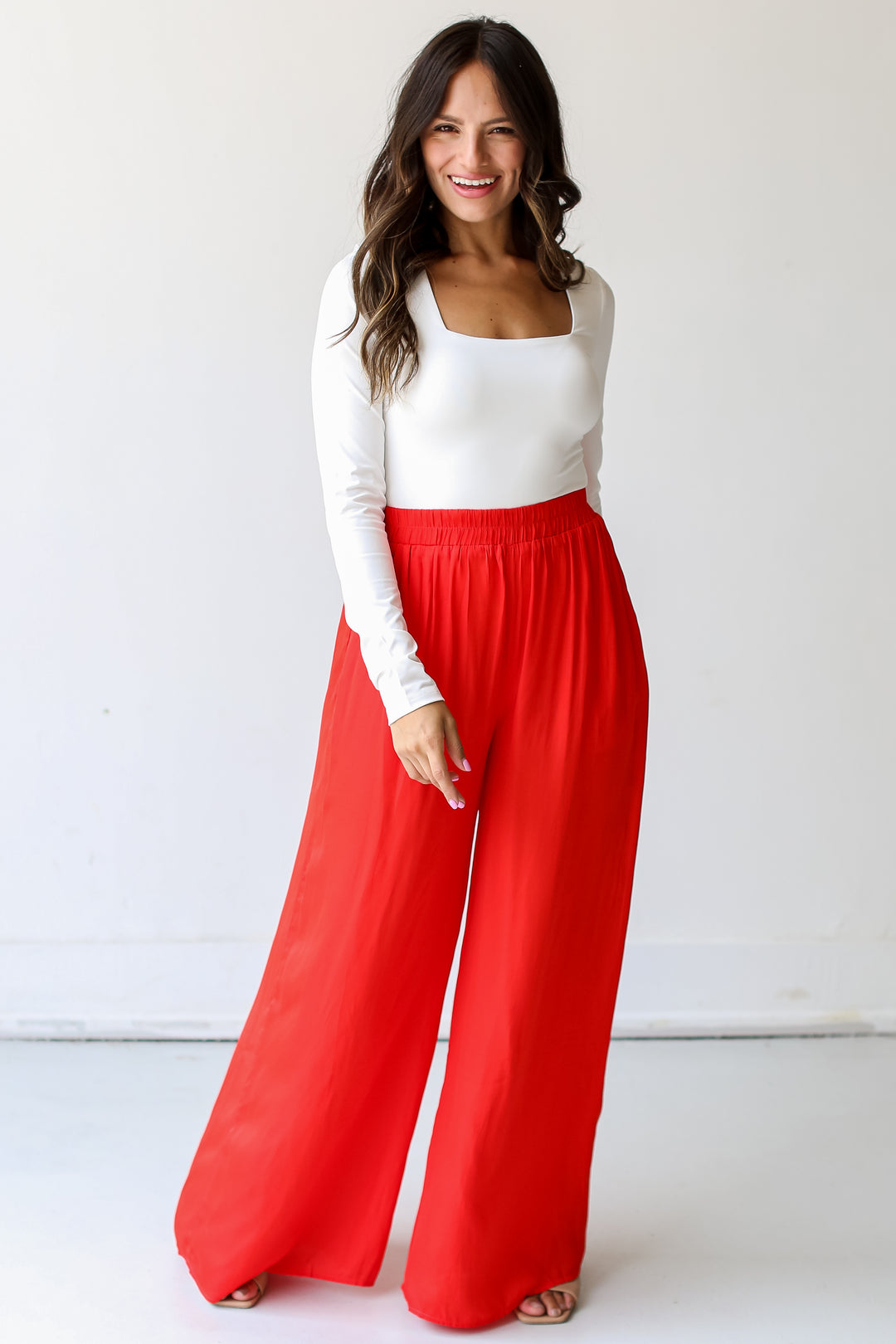 red Satin Wide Leg Pants on model