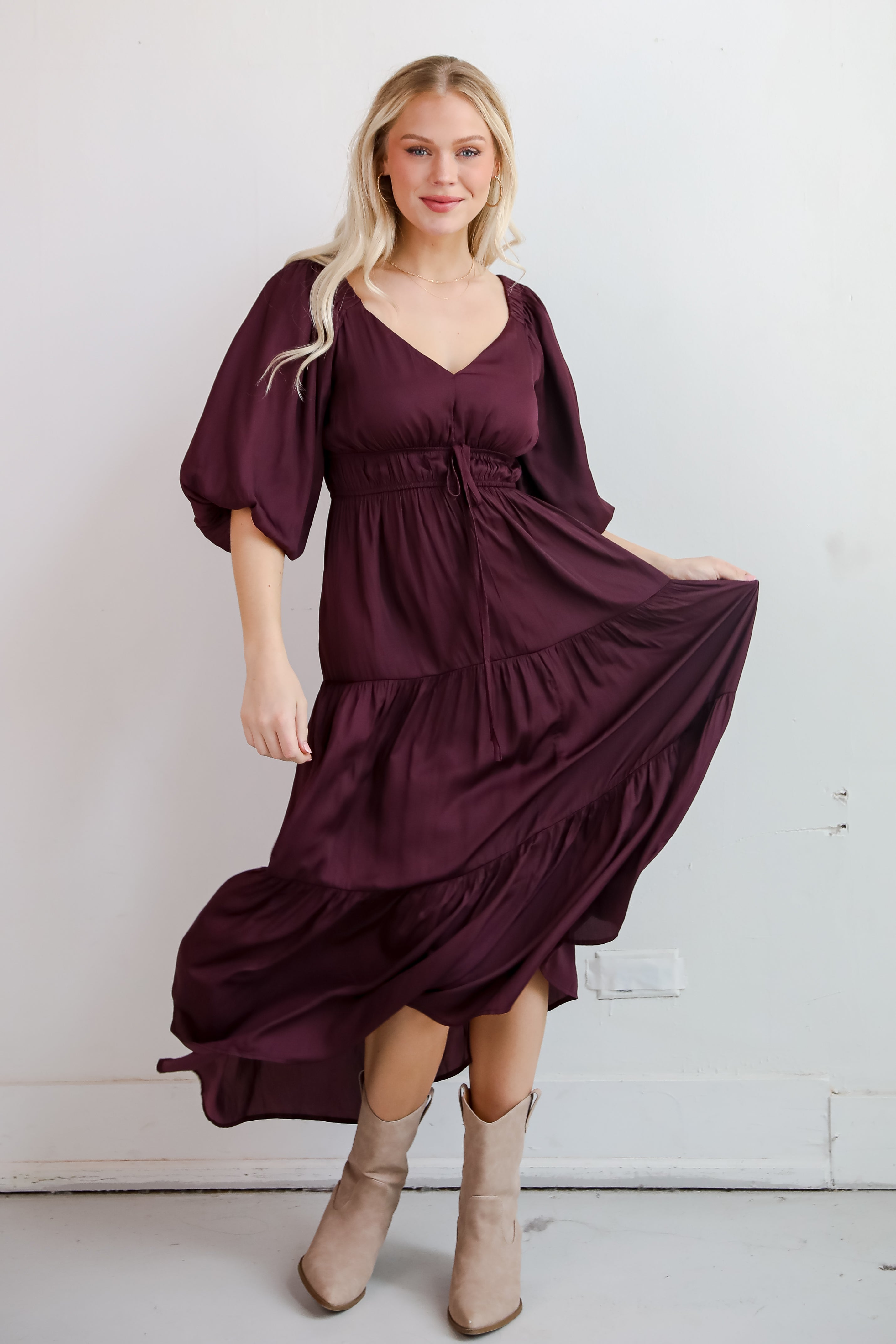 Extravagant Muse Wine Tiered Midi Dress