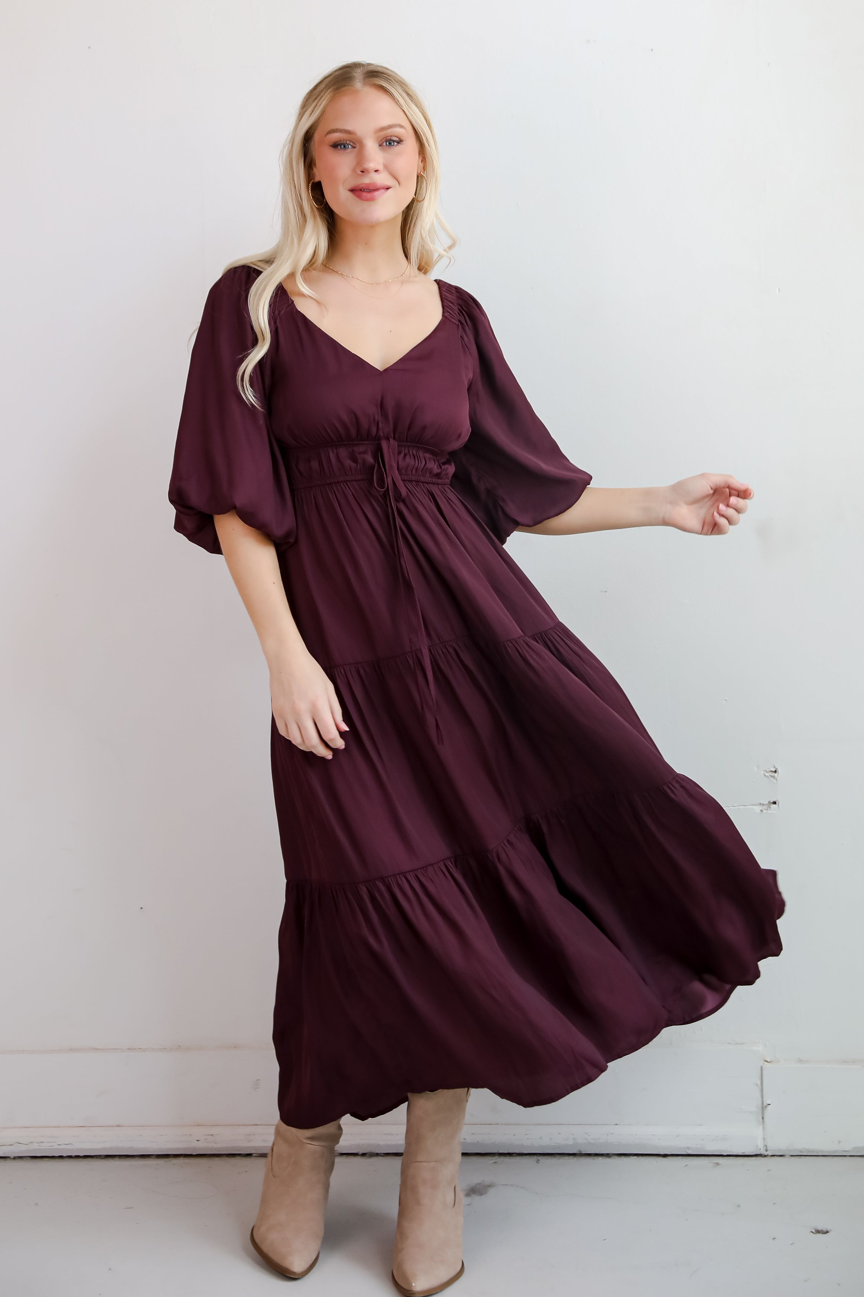 Extravagant Muse Wine Tiered Midi Dress