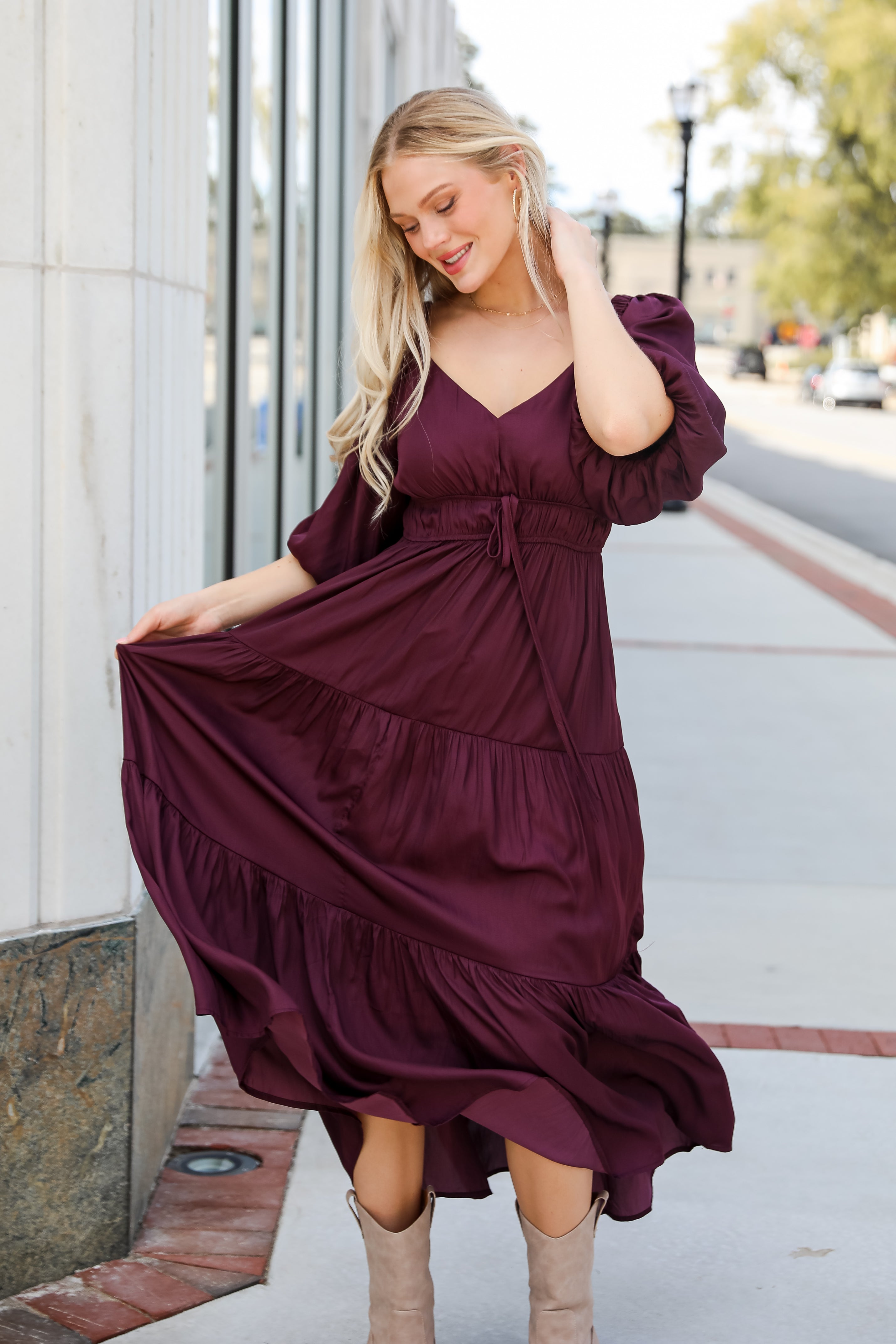 Extravagant Muse Wine Tiered Midi Dress