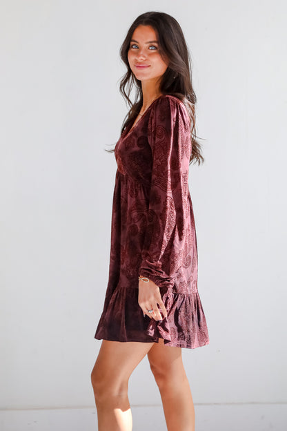 Signature Charm Wine Velvet Paisley Mini Dress