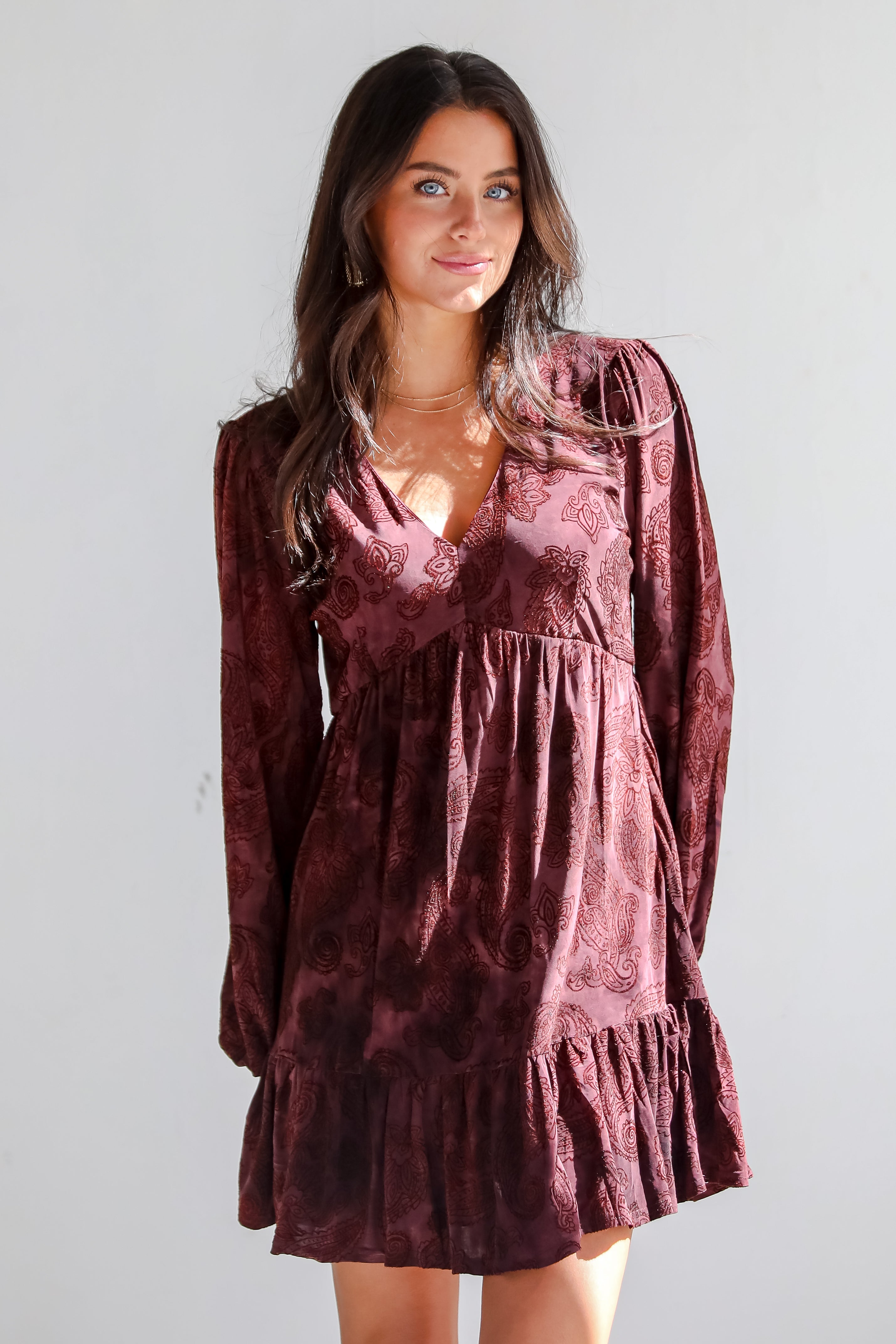 Signature Charm Wine Velvet Paisley Mini Dress