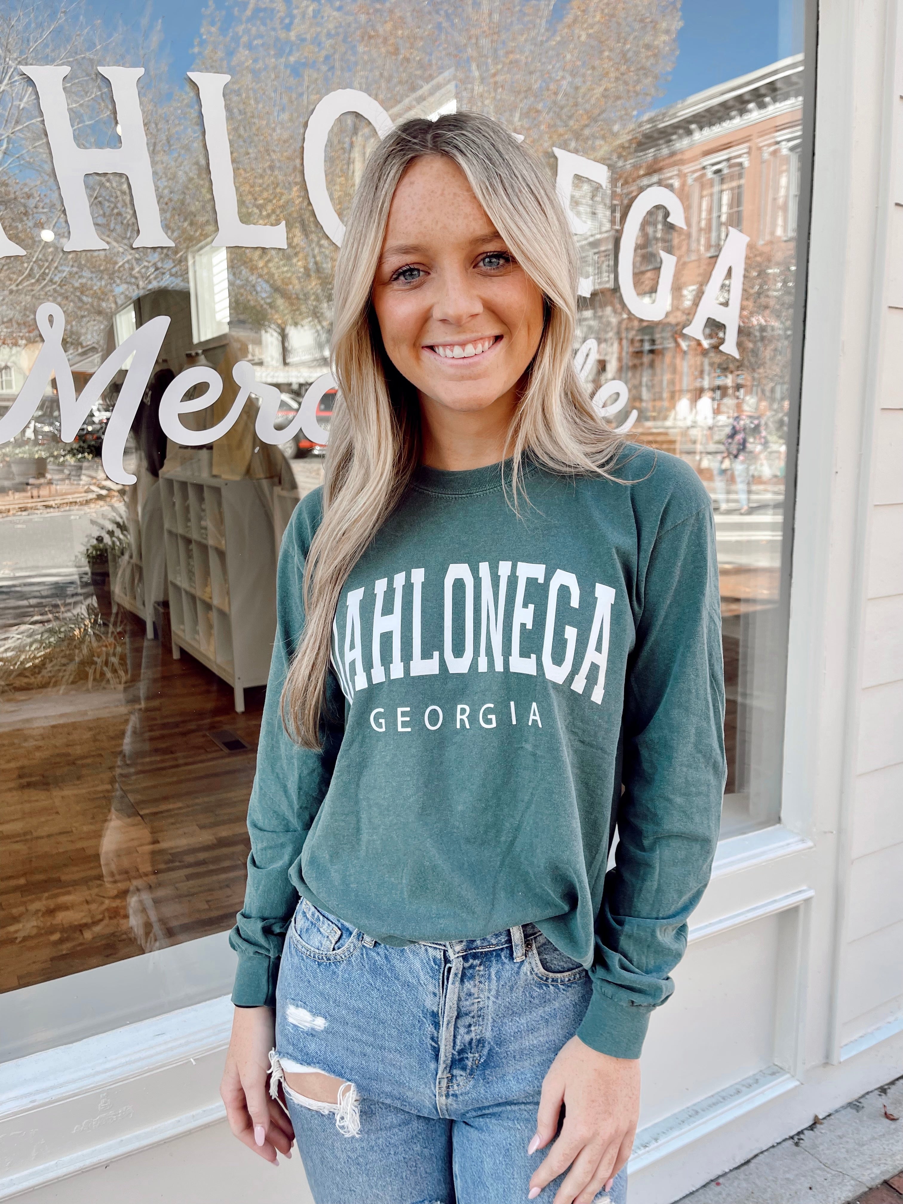 Teal Dahlonega Georgia Long Sleeve Tee front view