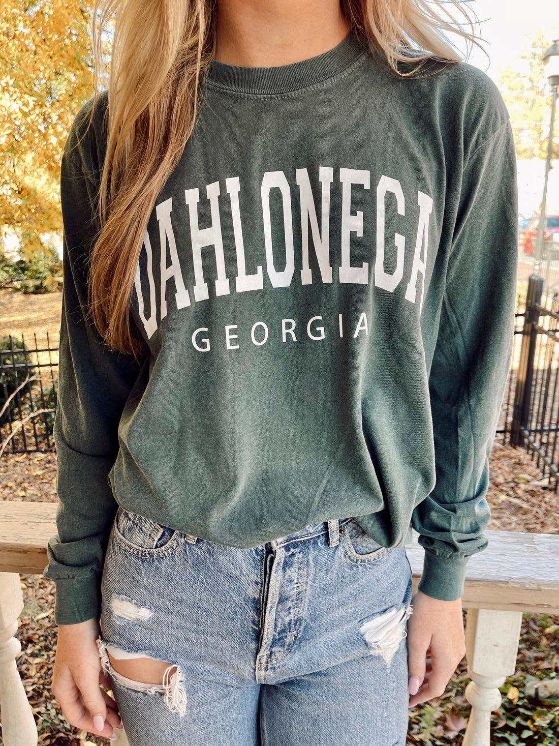 Teal Dahlonega Georgia Long Sleeve Tee on model