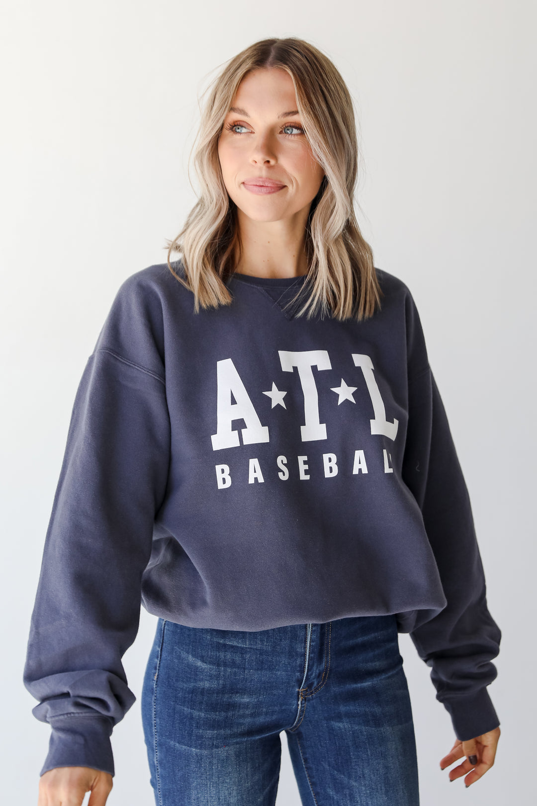 Denim ATL Baseball Star Pullover close up