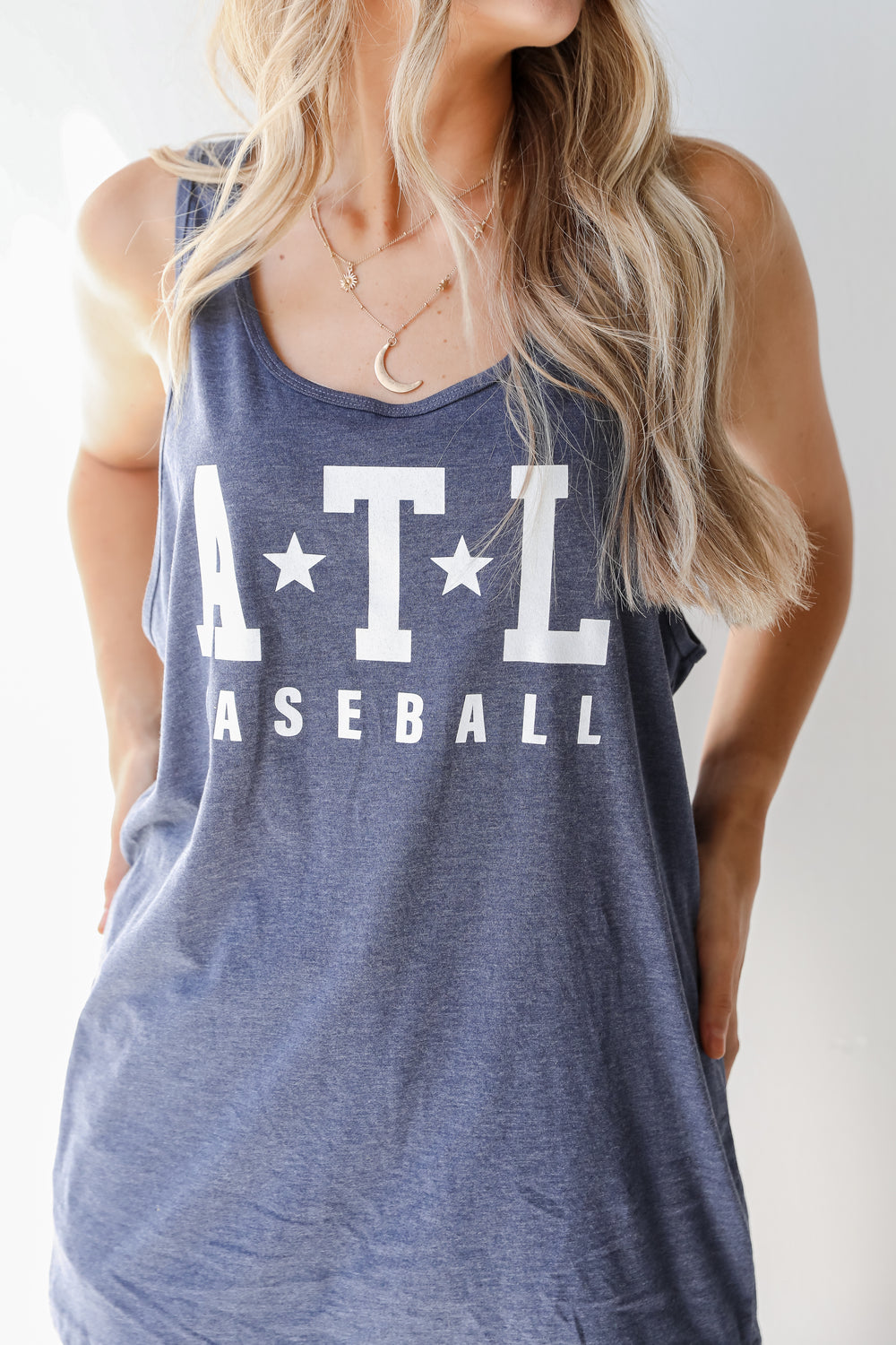 ATL Star Baseball Graphic Tank in navy close up