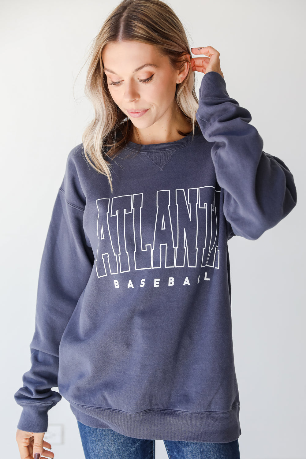 Denim Atlanta Baseball Pullover on model