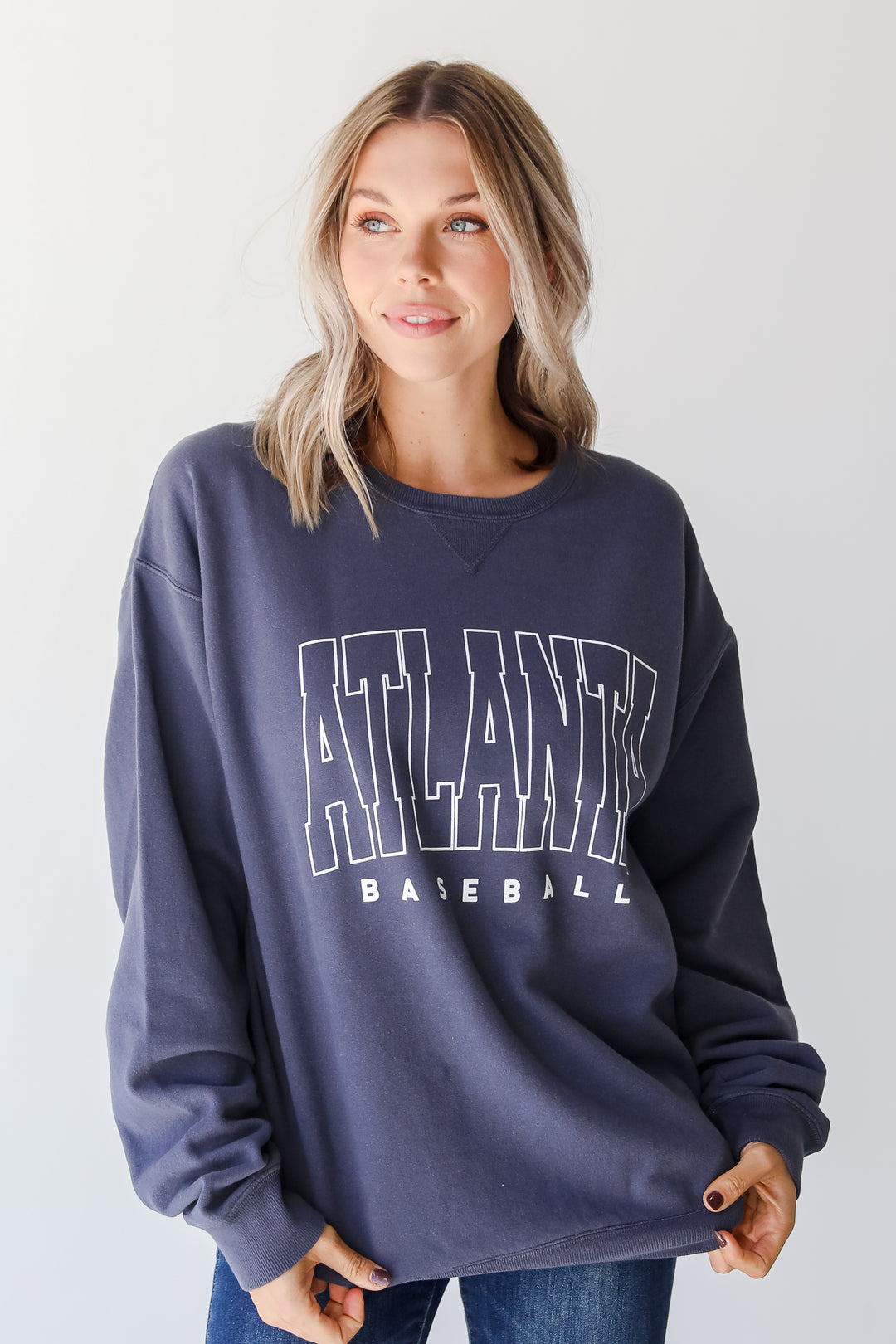 Denim Atlanta Baseball Pullover. Braves Sweatshirt. Braves Game Day Outfit. Graphic Sweatshirt. 