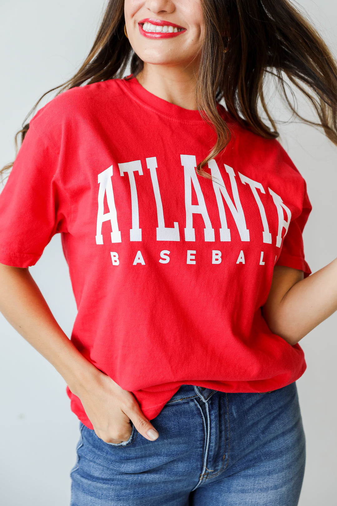 Red Atlanta Baseball Graphic Tee close up