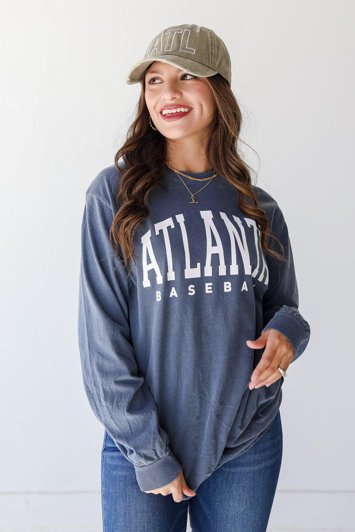 Denim Atlanta Baseball Long Sleeve Tee close up