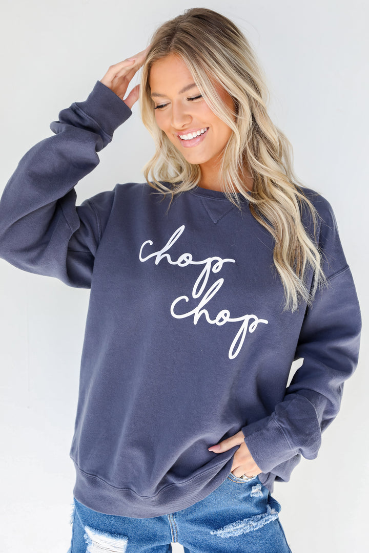 Navy Chop Chop Script Pullover. Braves Graphic Sweatshirt. Braves Game Day Sweatshirt