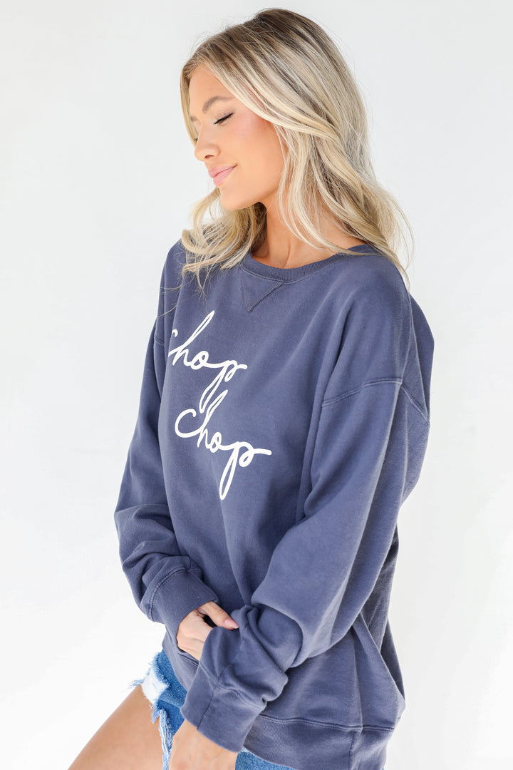 Navy Chop Chop Script Pullover side view