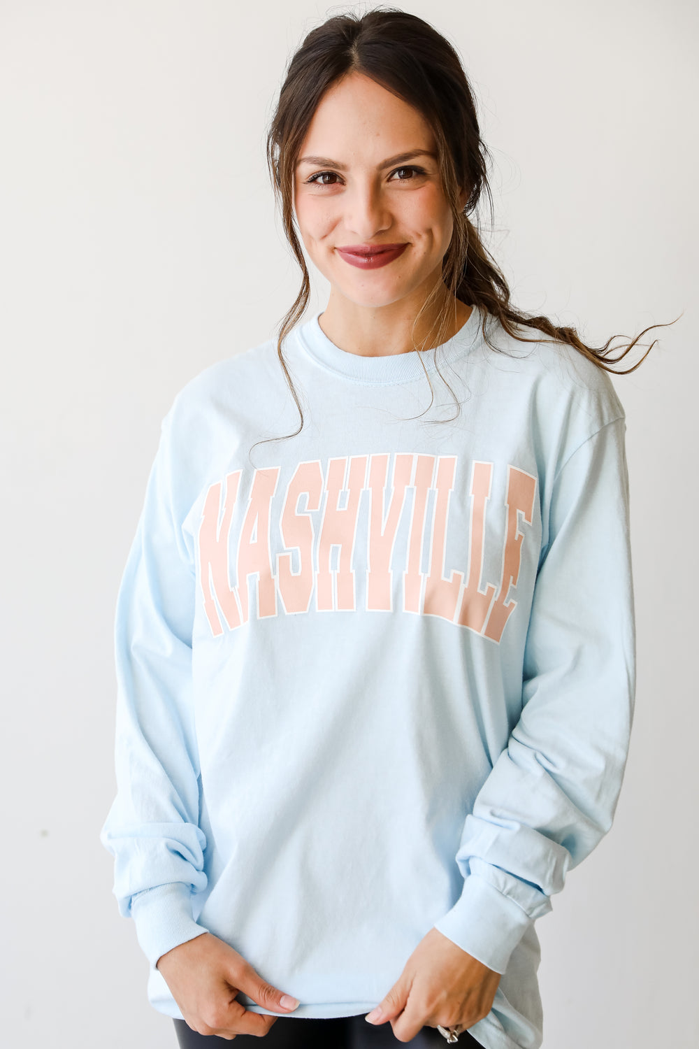 Light Blue Nashville Long Sleeve Tee on model