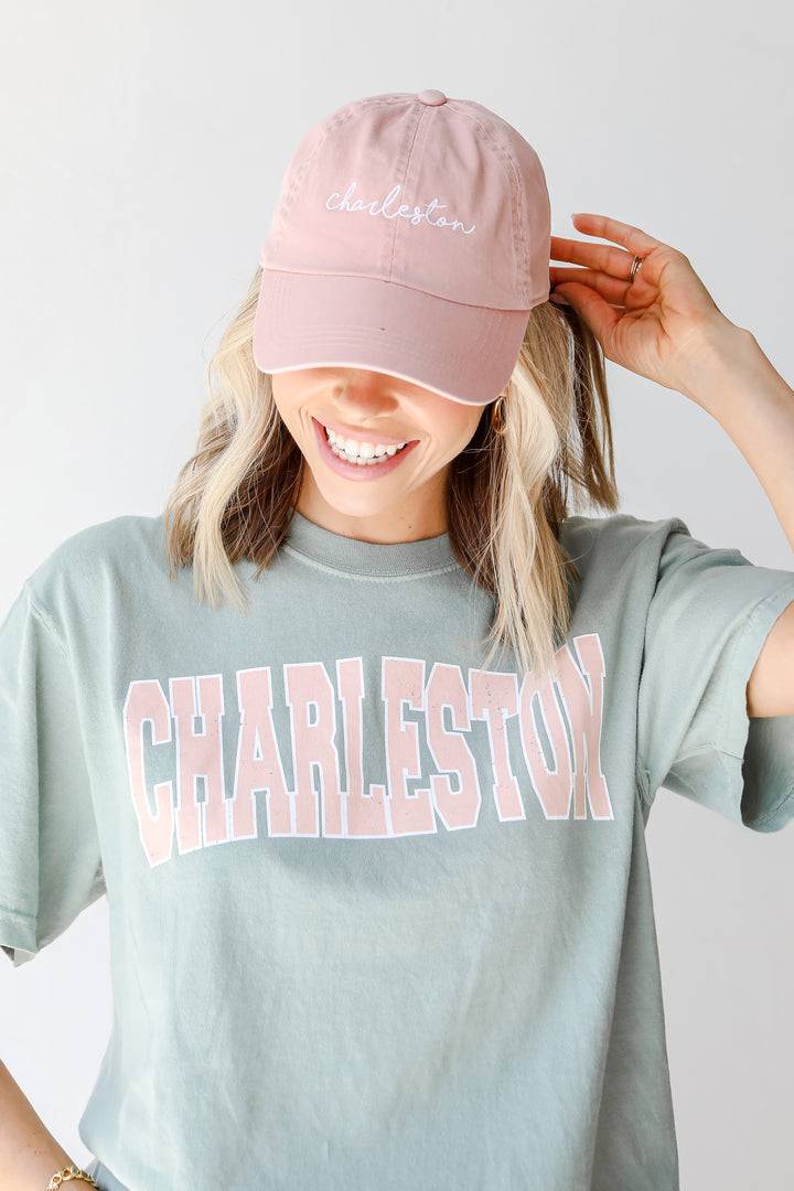 Charleston Embroidered Hat in blush on model