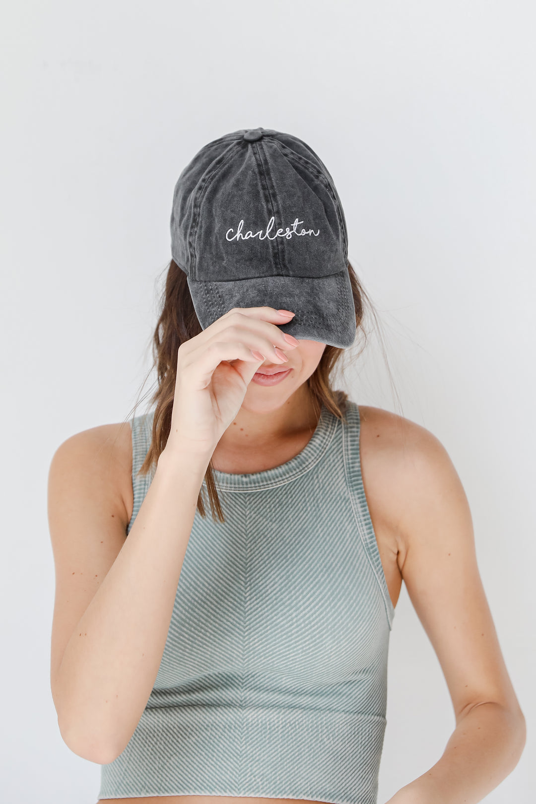 Charleston Script Embroidered Hat in black on model