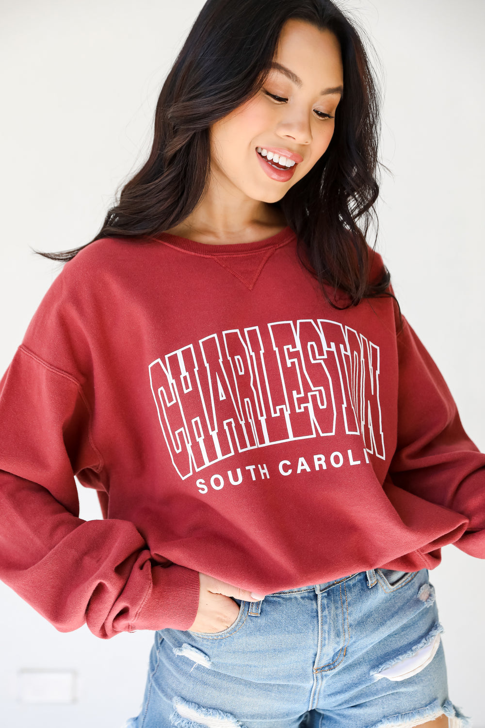 Maroon Charleston South Carolina Pullover on model