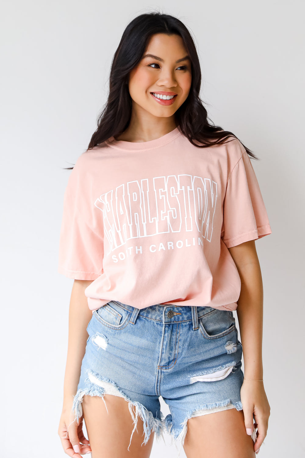 Peach Charleston South Carolina Block Letter Tee on model