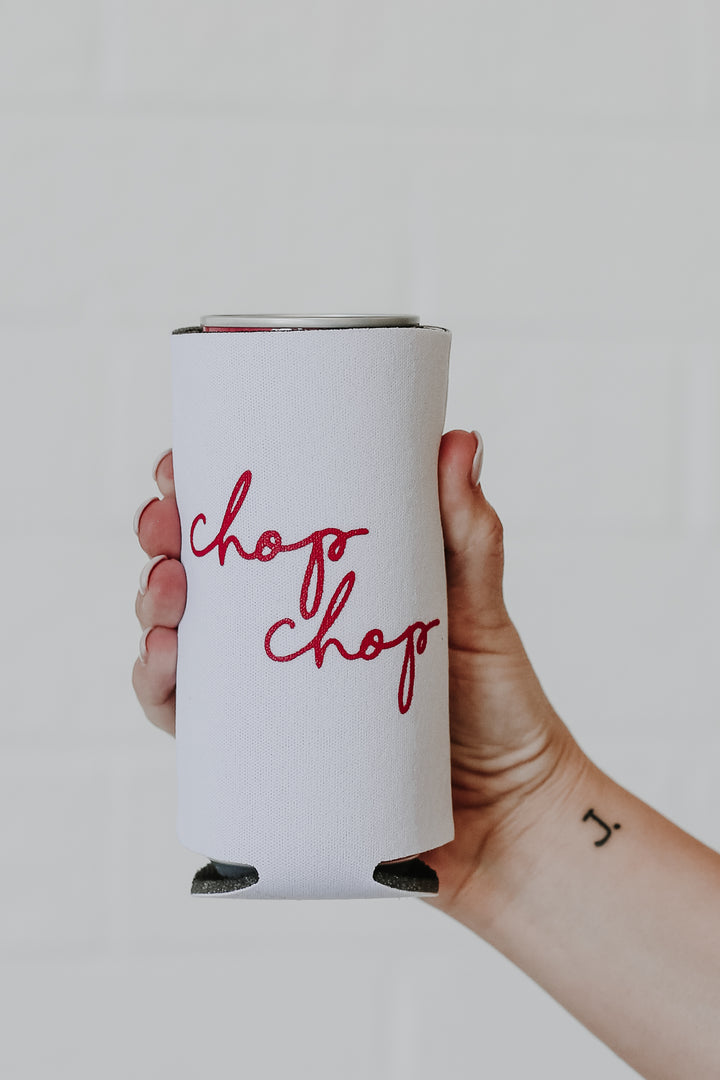 Chop Chop Slim Koozie in white front view