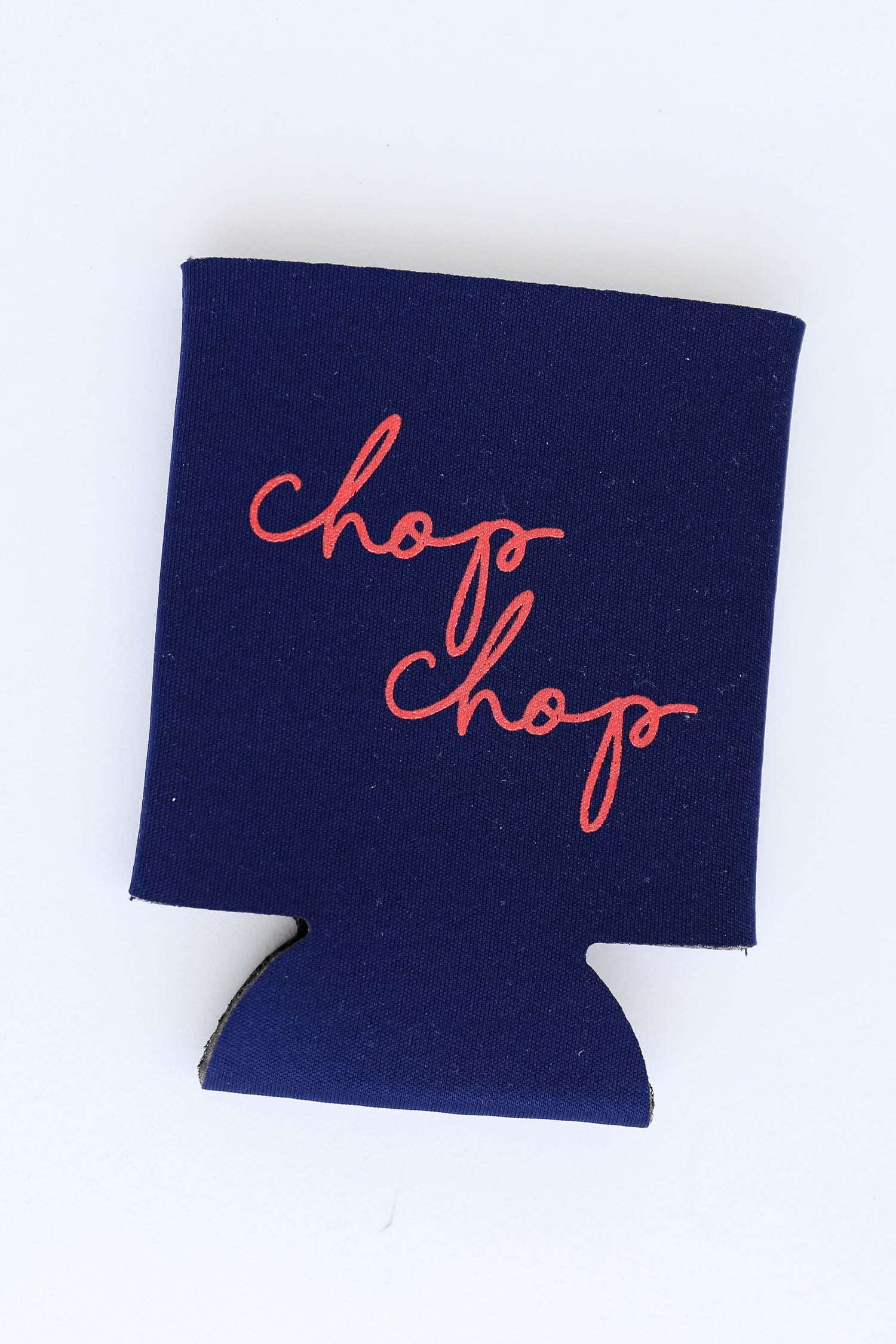 Chop Chop Script Koozie in navy flat lay