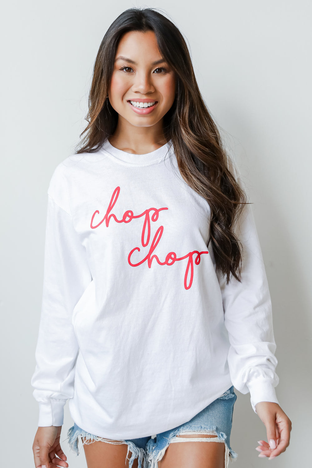 White Chop Chop Long Sleeve Tee on model