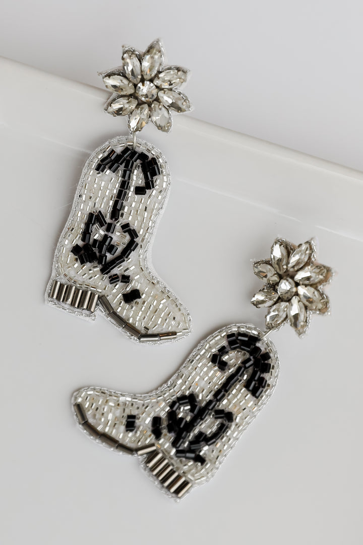 flat lay of Cowgirl Boots Beaded Rhinestone Drop Earrings