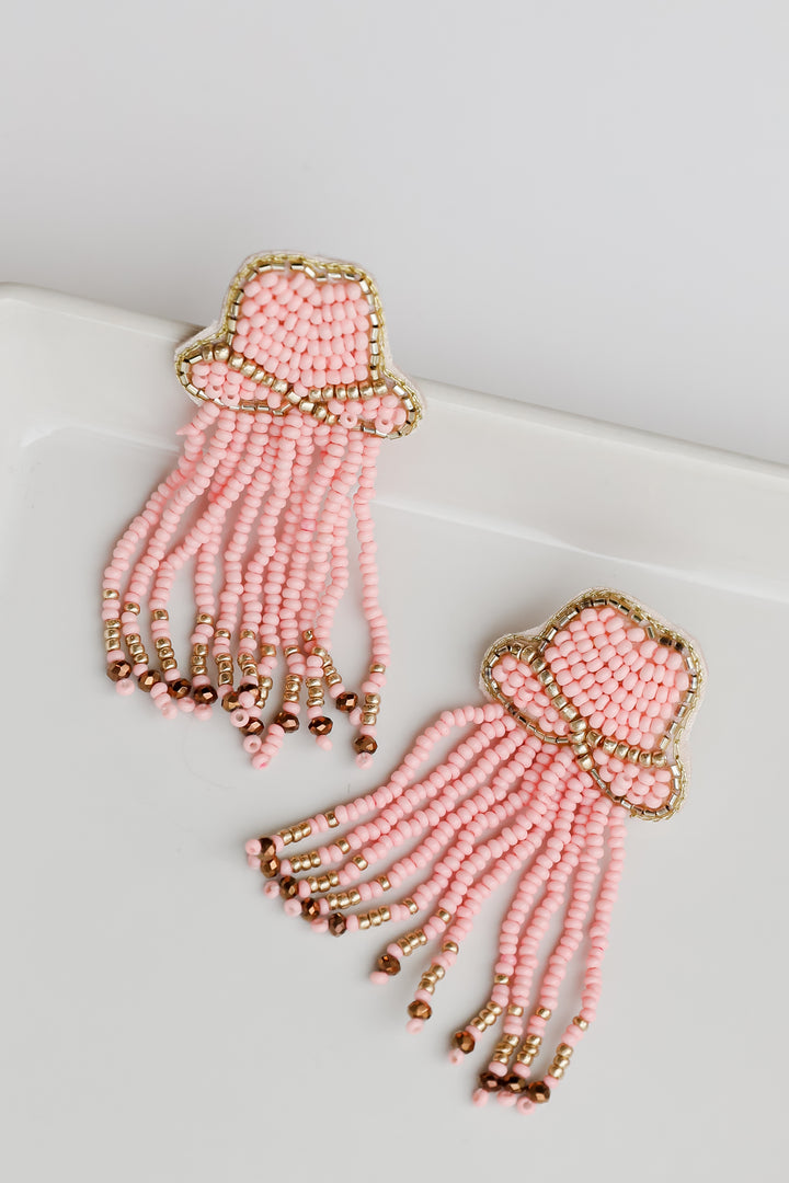 pink Cowgirl Hat Beaded Fringe Earrings