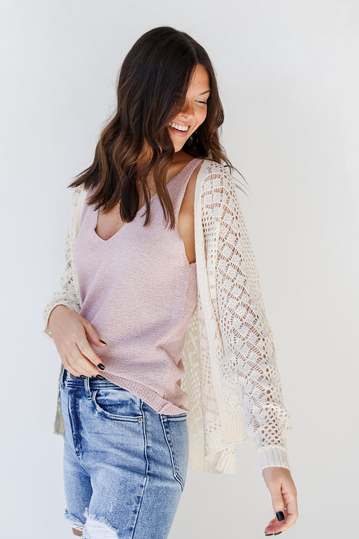 Crochet Knit Cardigan in ivory side view