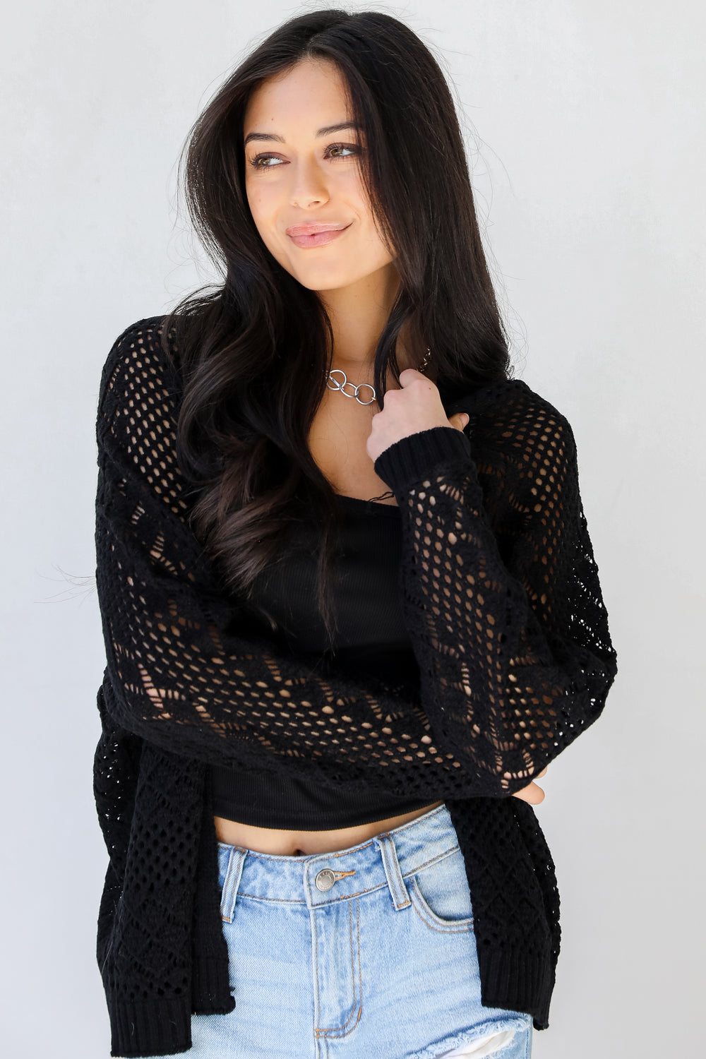 Crochet Knit Cardigan in black