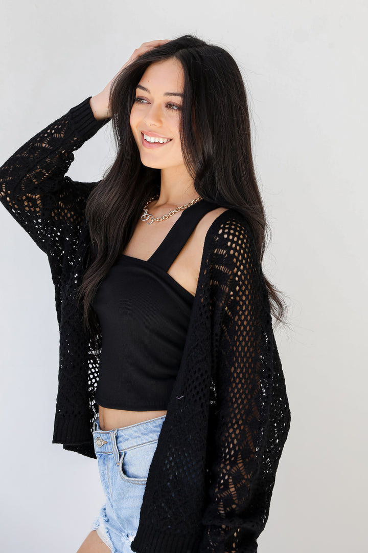 Crochet Knit Cardigan in black side view