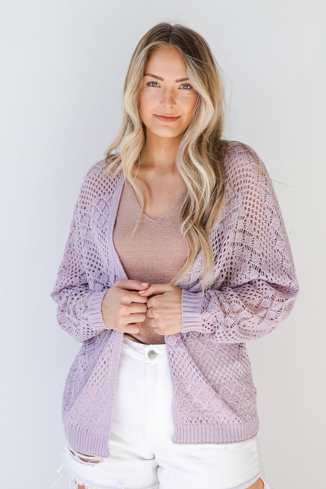 Crochet Knit Cardigan in lavender