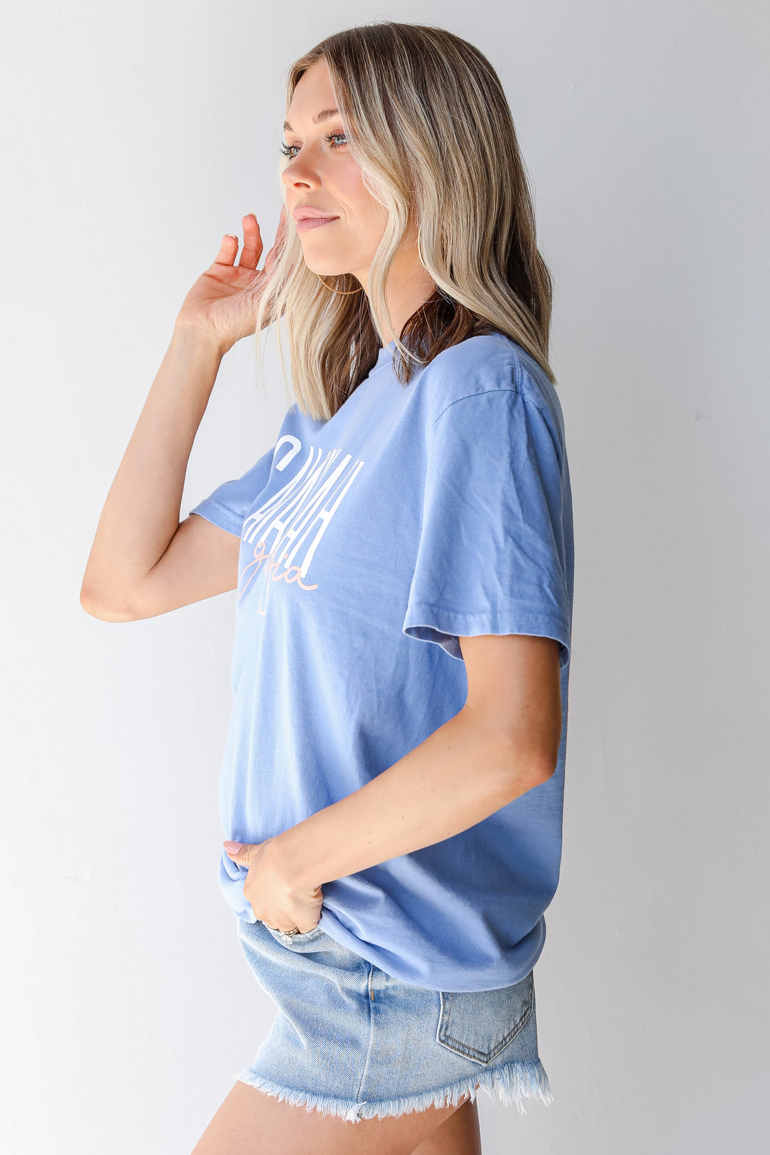 Light Blue Savannah Georgia Script Tee side view